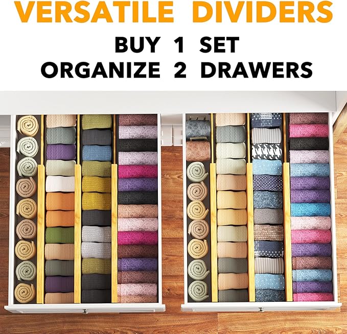 SpaceAid Bamboo Dresser Drawer Dividers 6 Pack, 4.65“ High Adjustable 17“-22” Drawer Organizers, Expandable Organization for Clothing, Clothes, Dressers, Natural-DeskLoop Office