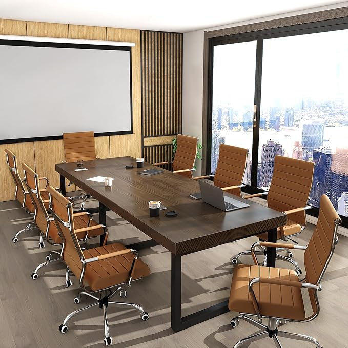 Home Office Chair Ribbed, Modern Leather Conference Room Chairs, High Back Executive Computer Chair, Ergonomic Office Desk Chair, Adjustable Swivel Chair with Arms (Brown)-DeskLoop Office