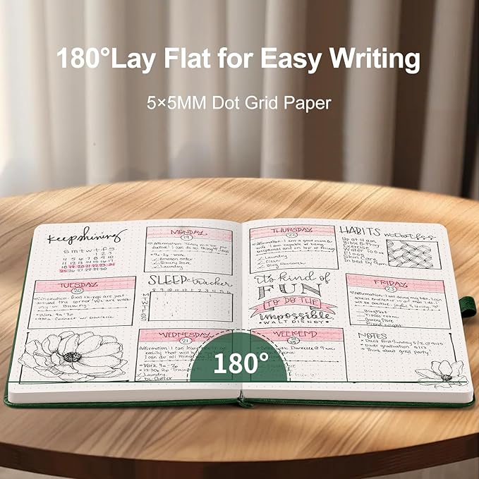 AHGXG Bullet Dotted Journal - 150 GSM Dot Grid Notebook Journal, Thick Acid-Free Paper, A5 Dotted Notebook 128 Pages, Leather Hardcover, Inner Pocket, Journal Stencil, 5.7'' × 8.3'' - Green-DeskLoop Office