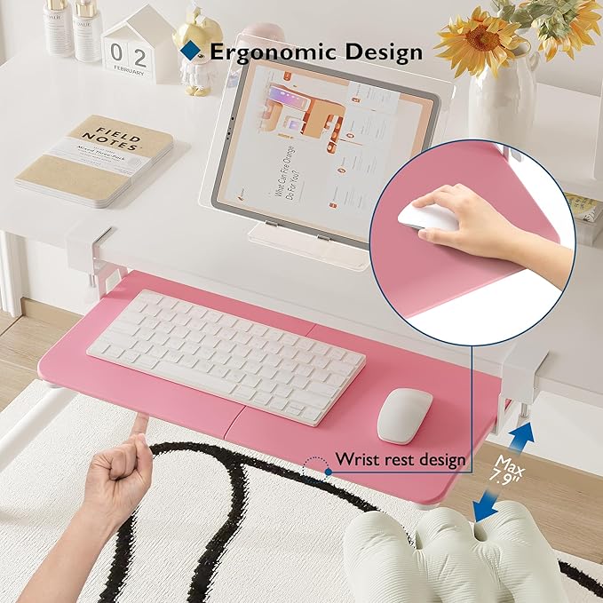 BONTEC KMT01 Under Desk Keyboard Tray, Pull-Out Keyboard & Mouse Platform with C-Clamp, 25.6 x 11.8 in Space-Saving Ergonomic Slide-Out Drawer, Pink-DeskLoop Office