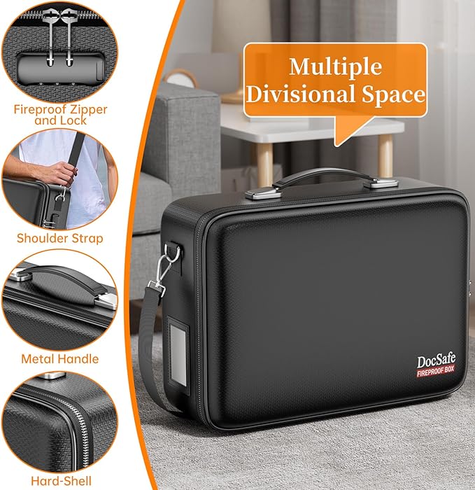 DocSafe Fireproof Document Box with Lock&Shoulder Strap, Hard-Shell Case File Organizer with Accordion File Folder, Multi-Layer Portable Home Office Travel Safe Storage for Important Documents Laptop-DeskLoop Office