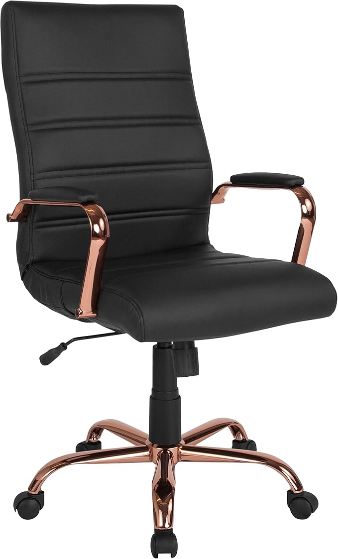 Flash Furniture Whitney High-Back Swivel LeatherSoft Desk Chair with Padded Seat and Armrests, Adjustable Height Padded Office Chair, Black/Rose Gold-DeskLoop Office