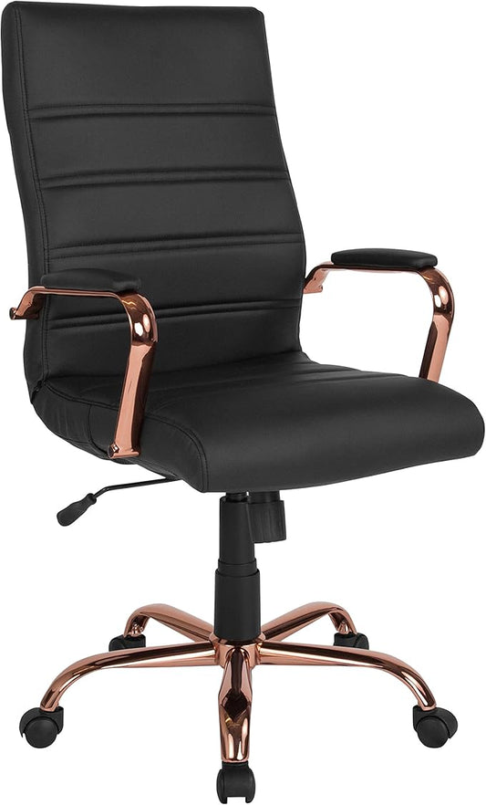 Flash Furniture Whitney High-Back Swivel LeatherSoft Desk Chair with Padded Seat and Armrests, Adjustable Height Padded Office Chair, Black/Rose Gold-DeskLoop Office