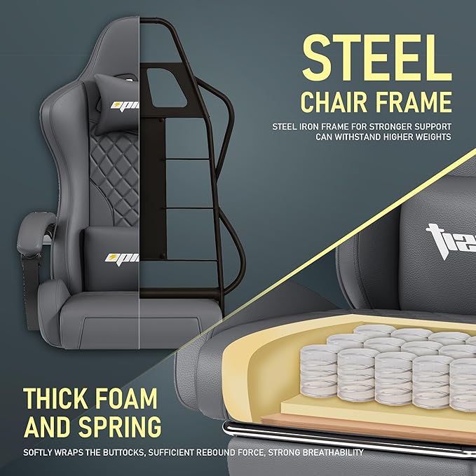 Gaming Chair,Ergonomic Computer Chairs for Adults with Footrest, PU Leather Office Chair with Adjustable Lumbar Support & Pocket Spring Cushion - Heavy Duty 400lb Capacity Gamer Chair (Grey)-DeskLoop Office