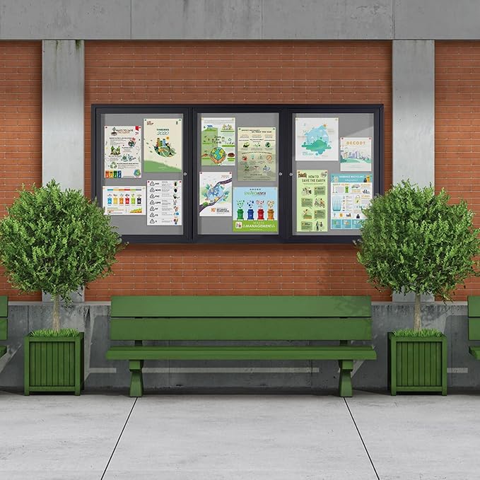 SWANCROWN Outdoor Bulletin Board 70x36in, Enclosed Bulletin Board with Locking Door for Office School Commerce, Grey Felt, Black Aluminum Frame-DeskLoop Office