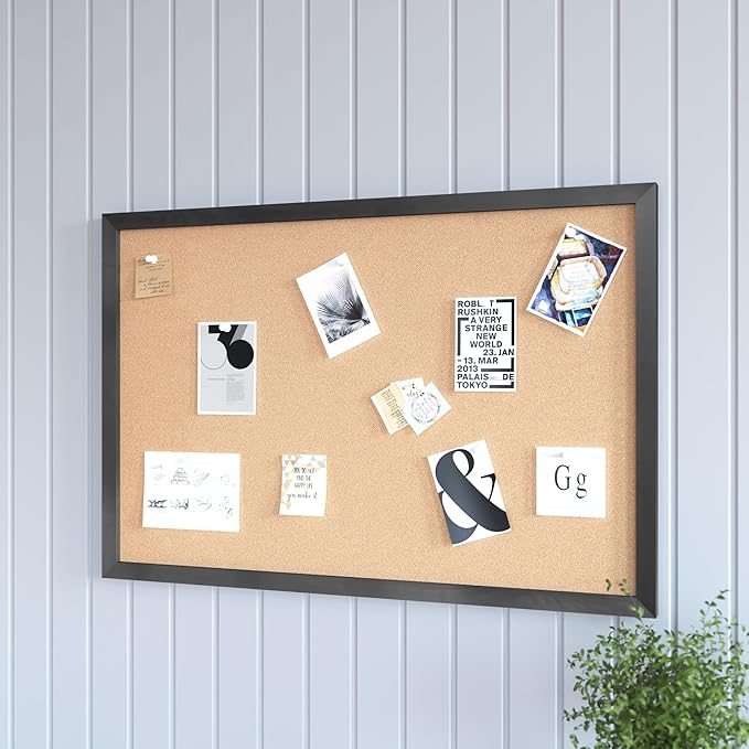 HBCY Creations Wall Mount Black Cork Board - 24" W x 36" H - 6 Wooden Push Pins - Solid Pine Wood Frame - for Kitchen, Classrooms, Restaurant Menus and More!-DeskLoop Office