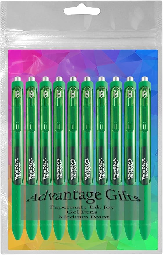 Paper Mate InkJoy Gel Pens, Green Ink, Medium Point (0.7mm), 10 Count, Bundle with Plastic Reusable Pouch-DeskLoop Office