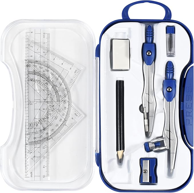 Math Geometry Kit Sets 10 Piece Student Supplies with Shatterproof Storage Box,Includes Rulers,Protractor,Compass,Eraser,Pencil Sharpener,Lead Refills,Pencil,for Drafting and Drawings(Navy blue)-DeskLoop Office
