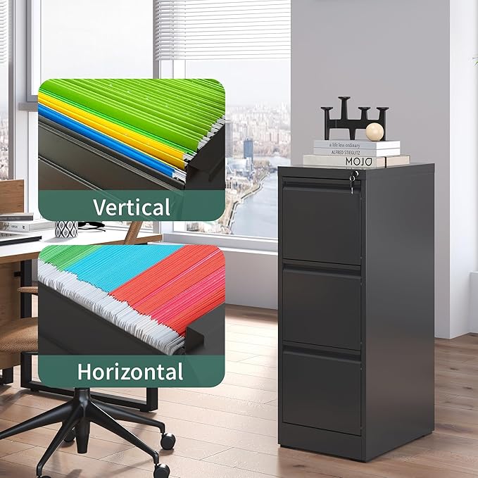 3 Drawer File Cabinet with Lock,Metal Vertical Filing Cabinets for Home Office,Heavy Duty File Storage Cabinet for Letter/Legal/A4/F4 Size File,Assembly Require (Black, Vertical 3 Drawer)-DeskLoop Office