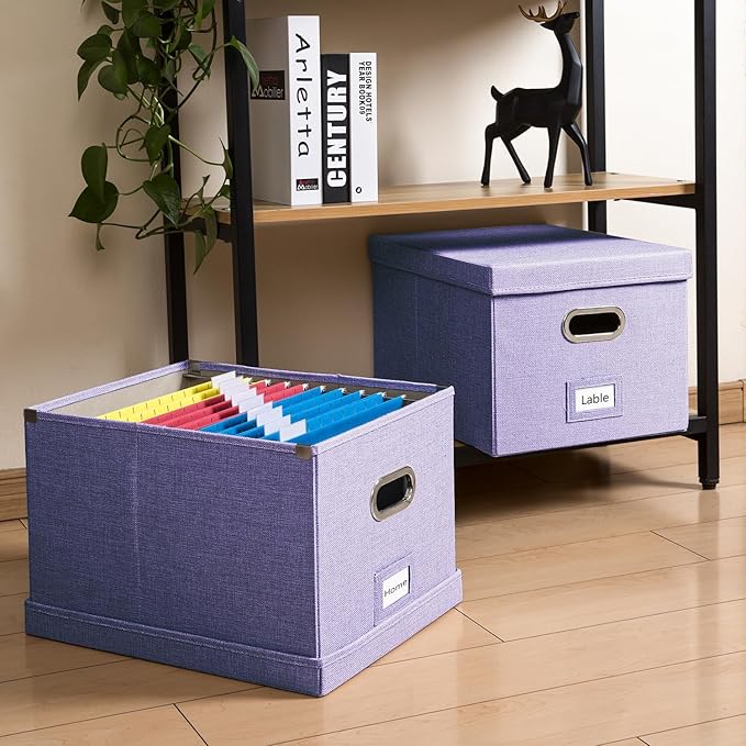 PRANDOM File Organizer Box - Set of 4 Collapsible Decorative Linen Filing Storage Hanging File Folders with Lids Office Cabinet Letter/Legal Size Purple 17.1x14x11.1 inch-DeskLoop Office