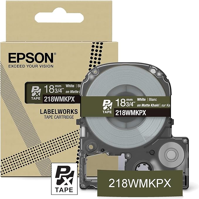 Epson LABELWORKS 218WMKPX Genuine PET (Polyester) Tape Cartridge - White on Matte Khaki Designer Craft Label Maker Tape - 3/4" (18MM) Wide, 26'-DeskLoop Office