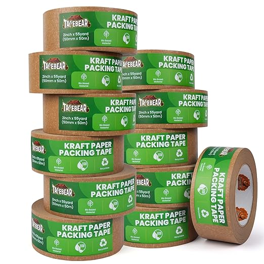 Eco-Friendly Kraft Paper Tape, Biodegradable Heavy Duty Packing Tape 2Inch x 55Yard, Recyclable Packaging Tape Self Adhesive Box Tape for Shipping, Sealing, Moving & Masking, 12Rolls-DeskLoop Office