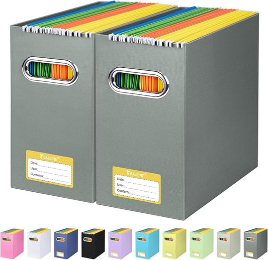 BALEINE File Organizer Box, Cardboard File Folder Organizer with Handle for Letter Size, Portable Collapsible Hanging Filing Box for Home Office Document Storage (2 Pack, Grey)-DeskLoop Office