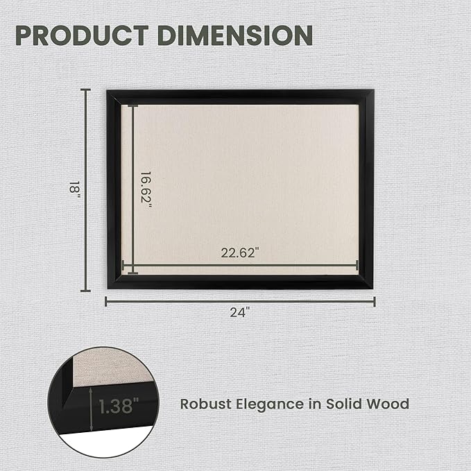 Bulletin Board Cork Board with Linen, 100% Wood Framed 18" x 24" Bulletin Board Decorations, Pin Boards for Walls, Wall Mounted Fabric Picture Board with 10 Pushpins for School, Home & Office, Black-DeskLoop Office