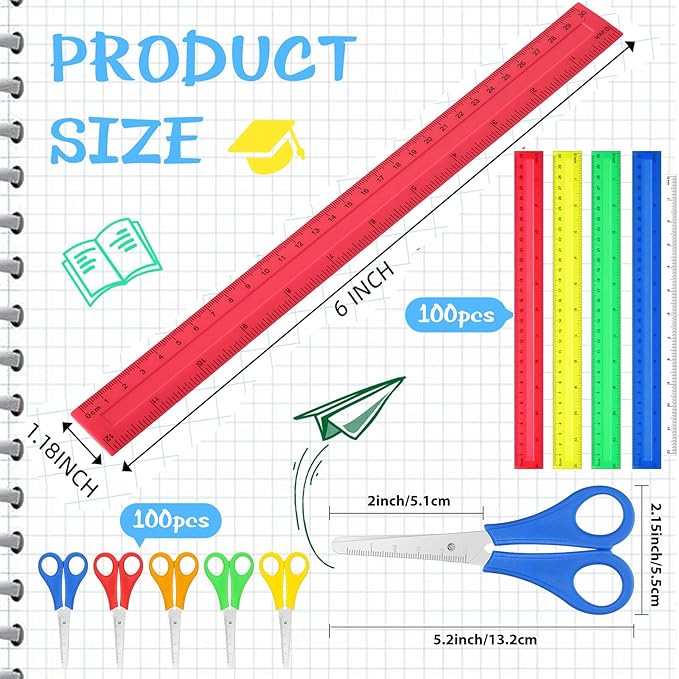 PerKoop 200 Pcs School Supplies with 100 Pcs Safety Blunt Tip Student Scissors 100 Pcs 12 Inch Plastic Rulers Back to School Supply Kit for Operation Christmas Charity Donation Supplies (Vivid Color)-DeskLoop Office