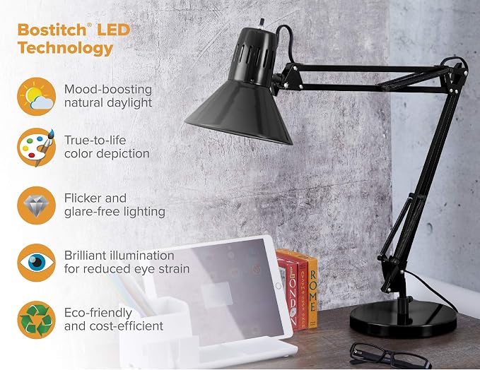 Bostitch Office VLF100D Swing Arm Desk Lamp, Includes Replaceable LED Bulb - Image 7