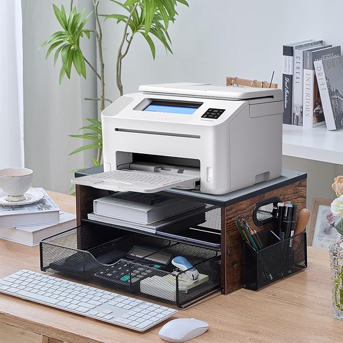 Printer Stand,Desktop Printer Stand with 2-Tier Storage Shelves for Home Office,Desk Organizer with Drawer and 2 Pen Holders for Fax Machine Scanner Files