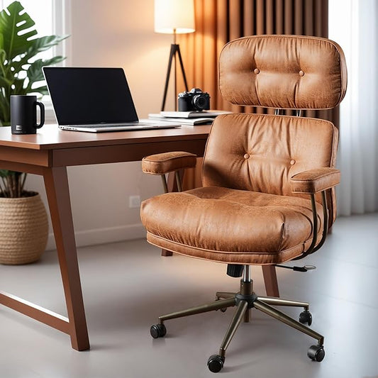 ovios Home Office Chair, Mid-Century Modern Faux PU Leather Chairs with Lumbar Support Comfy Thick Cushion, High Back Ergonomic Swivel Rolling Executive Armchair (Brown, Suede Leather)-DeskLoop Office