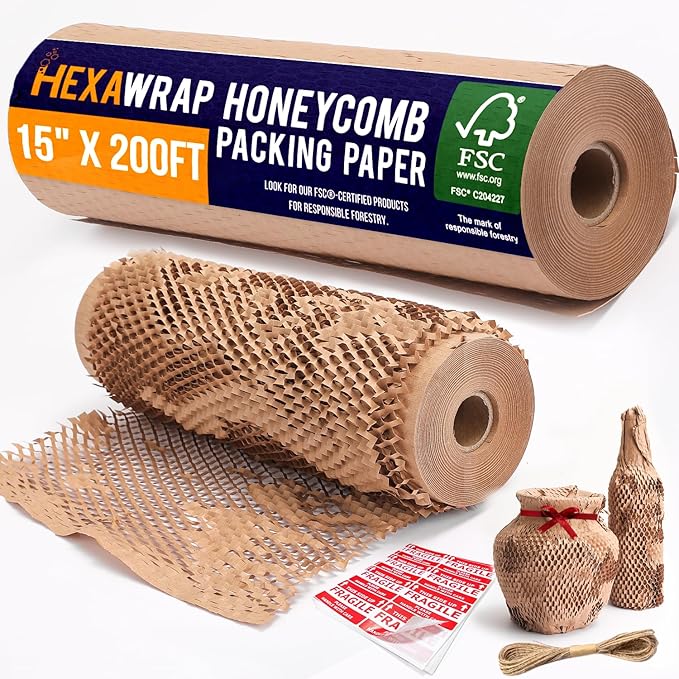Honeycomb Packing Paper 15" x 200ft with Rope & 20 Fragile Stickers|Shipping & Moving Supplies|Small Business Packaging Supplies|Eco Friendly Bubble Wrap Packing Boxes for Moving Certified FSC C204227-DeskLoop Office