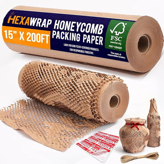 Honeycomb Packing Paper 15" x 200ft with Rope & 20 Fragile Stickers|Shipping & Moving Supplies|Small Business Packaging Supplies|Eco Friendly Bubble Wrap Packing Boxes for Moving Certified FSC C204227-DeskLoop Office
