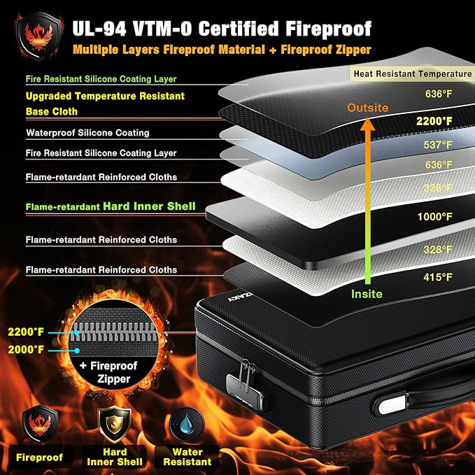 Fireproof Document Box with Fireproof Zipper, Hard Inner Shell Fireproof Document Bag with Lock, Fireproof Water Resistant Important Document Organizer 16 inch Laptop File Briefcase (Black)-DeskLoop Office