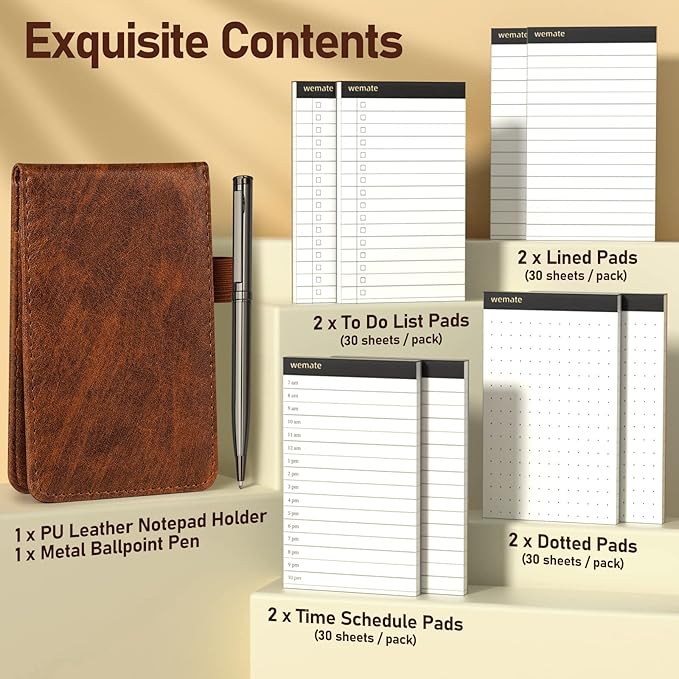 WEMATE 10 Pieces Notepad Holder Set Pocket Notebook - Included Mini Pocket Notepad Holder Set with 8 Memo Book Refills and Metal Pen for Meetings, Daily Records, and Notes 3 x 5 Inch (Brown)-DeskLoop Office