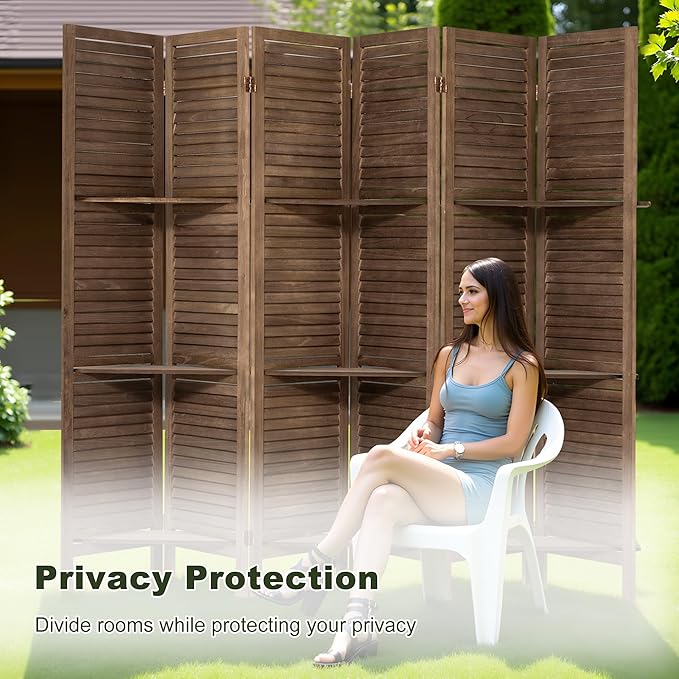 NicBex 6 Panel Room Divider,5.6FT Wood Carved Room Dividers with Display Shelves Folding Privacy Screens Portable Freestanding Partition Wall Dividers for Room Separation, Bedroom Office,Dark Brown-DeskLoop Office