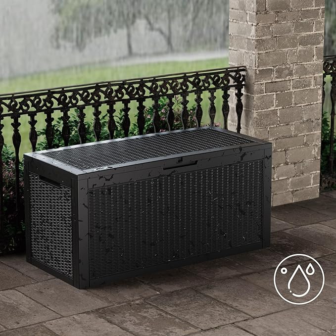 100 Gallon Resin Deck Box, Waterproof Outdoor Storage Bin for Patio Furniture, Pool Accessories, and Garden Tools, Lockable & UV-Resistant, Black-DeskLoop Office