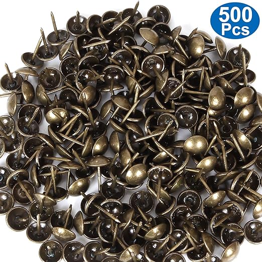 500Pcs Decorative Upholstery Tacks, 7/16” Antique Furniture Nails Pins, Brass Finish Metal Thumb Tack Stud Push Pins for Sofa Chair Bed Headboard, Upholstery Pin Assortment Kit for Furniture Décor-DeskLoop Office