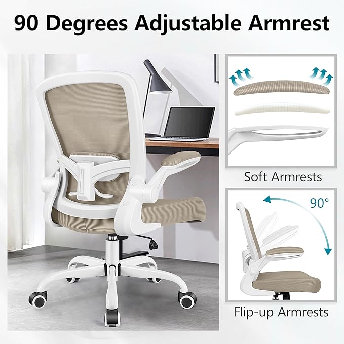 FelixKing Office Chair, Ergonomic Desk Chair Breathable Mesh Chairs with Adjustable High Back Lumbar Support Flip-up Armrests, Executive Swivel Comfy Task Computer Chairs for Home Office Khaki-DeskLoop Office