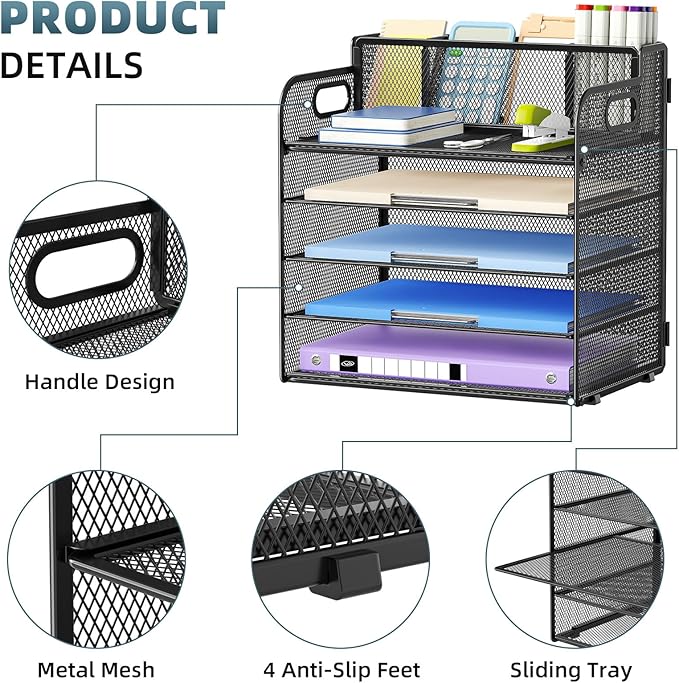 Marbrasse 5 Tier Paper Organizer with 3 Pen Holders, Mesh Desk File Organizer with Handle, Paper Sorter Desk Organizer for Home Office Supplies(Black)-DeskLoop Office