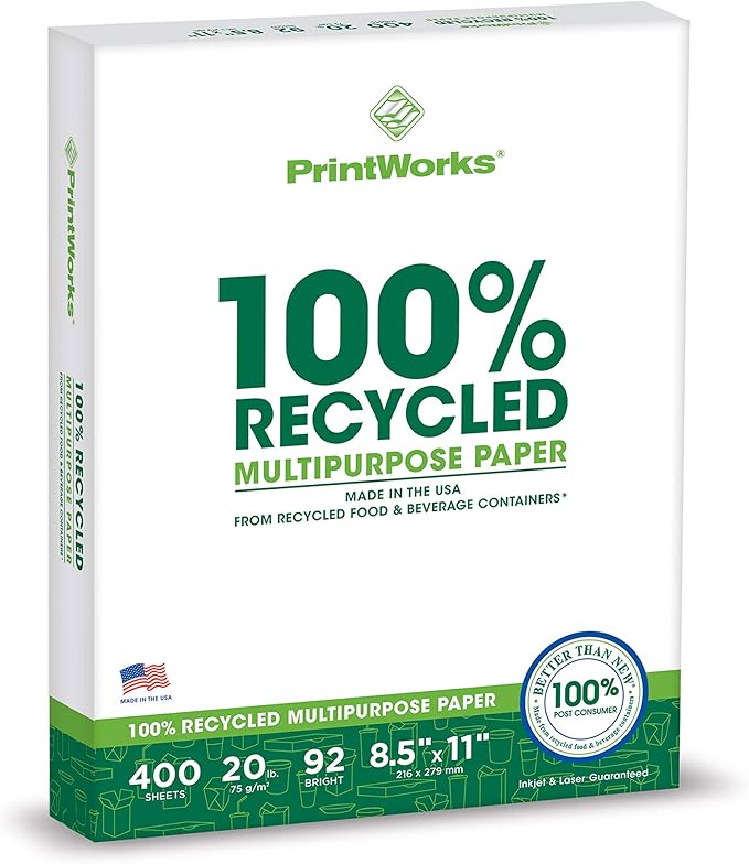 PrintWorks 100% Recycled Printer Paper 8.5" x 11" White - 20 lb Copy & Multipurpose Computer Paper - 1 Pack, 400 Sheets - Made in the USA - 92 Bright - Printer & Copier Compatible (00018)-DeskLoop Office