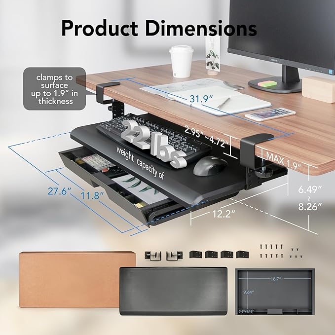 EHO Keyboard Tray with Drawer - Clamp On Under Desk Pull Out Extender Table Attachment Platform with Storage Organizer, Large 27.5" (31.8" Including Clamps) x 12.2", Height Adjustable for Home Office-DeskLoop Office