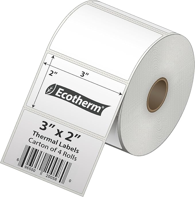 3" x 2" Thermal Labels | 4 Rolls | 2940 Labels | fits Zebra, Munbyn, Rollo, Godex, Arkscan, iDPRT, Offnova Thermal Label Printers and More | Blank White Adhesive Stickers by Ecotherm-DeskLoop Office