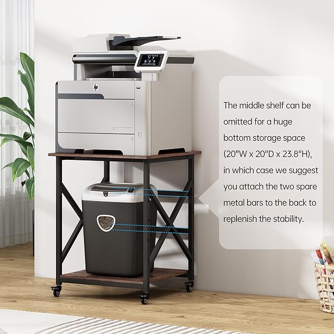23.6 x 23.6 Inches Large Printer Stand, 3 Tier Square Printer Table with Height Adjustable Storage Shelf, Rolling Printer Cart with Industrial Wheels for Home Office - Rustic Brown-DeskLoop Office