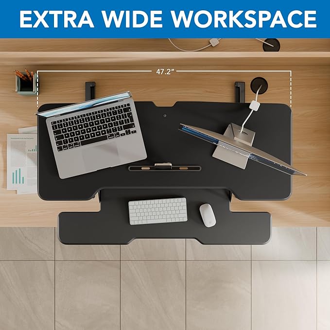 Mount-It! 47" Standing Desk Converter, Large Wide Tabletop Height Adjustable Desk Riser with Gas Spring, Desktop Sit Stand Up Desk with Keyboard Tray Fits 2 Monitors or Monitor and Laptop, Black-DeskLoop Office