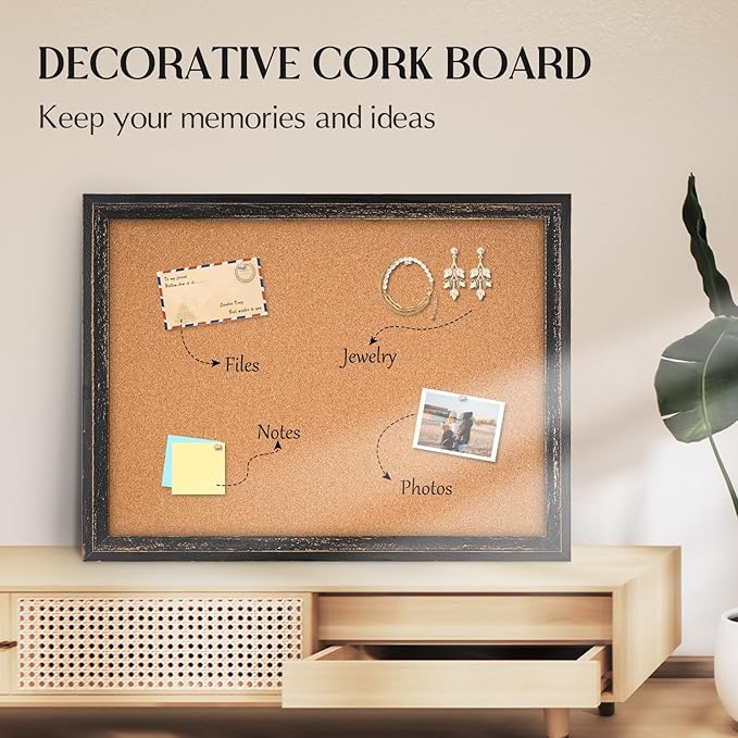 Cork Board Bulletin Board, 30" x 20" Corkboard for Wall, Rustic Black Wooden Frame, Decorative Hanging Pin Board for Home Office Room Decor, 10 Push Pins-DeskLoop Office