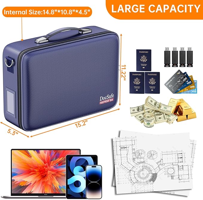 DocSafe Fireproof Document Box with Lock, Hard Case File Organizer with Accordion File Folder, Fireproof Water Resistant Safe Box Home Office Travel Storage for Important Documents Laptop Blue-DeskLoop Office