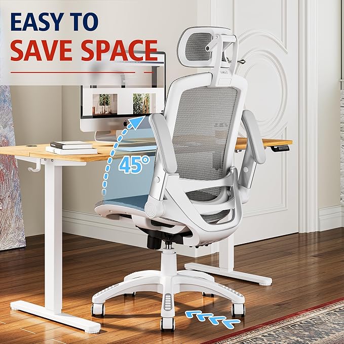 GABRYLLY Ergonomic Office Chair, High Back Home Desk Chair with Headrest, Flip-Up Arms, 90-120° Tilt Lock and Wide Cushion, 400LBS Mesh Chairs for Man Woman, White Task Chair(Dark Grey,GY01WDG)-DeskLoop Office