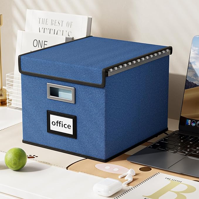 Huolewa Decorative File Organizer Box Office Document Storage with Lid, Portable Collapsible Linen Hanging Filing & Storage Boxes for Office/Decor/Home (Royal Blue) - 14.9 x 12.7 x 10.8 inch - 1Pack-DeskLoop Office