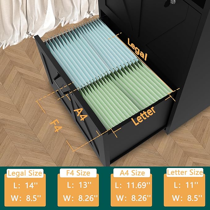 2 Drawer File Cabinet On Wheels & Charging Station, Wood Filing Cabinet with Lock & LED Light, Large Storage Printer Stand for Home Office, Black-DeskLoop Office