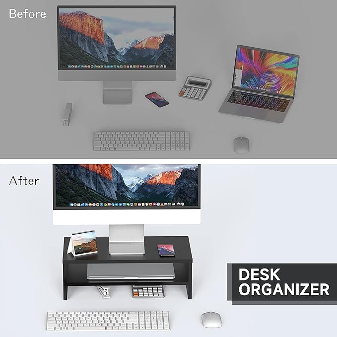 FITUEYES Monitor Stand - 2 Tier Computer Monitor Riser Shelf, Wood Desktop Stand for Laptop Computer Screen, Desk Organization, Office Supplies-DeskLoop Office