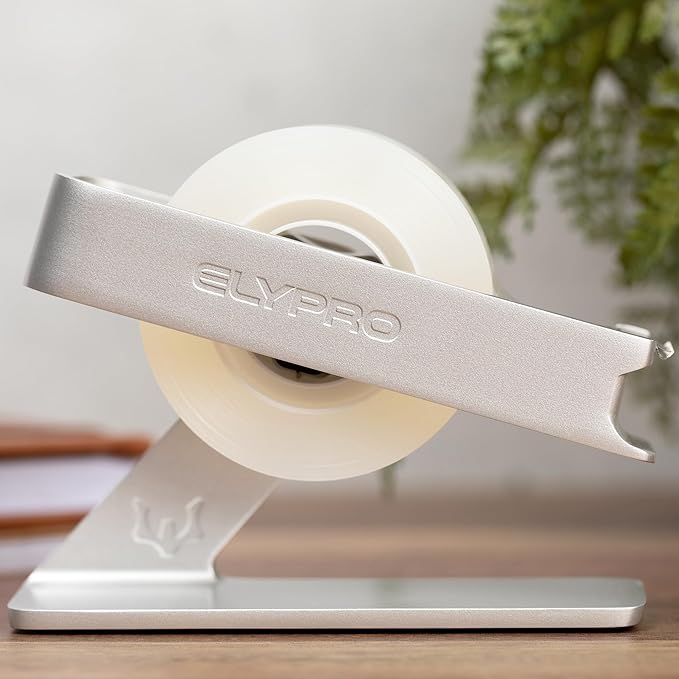 ELYPRO Modern Tape Dispenser for Office Desk - Elegant and Minimalist Design, Heavy Metal Made, Space-Saving, Perfect for Office & Home Use or as a Stylish Gift - Bonus Tape Roll Included (Silver)-DeskLoop Office