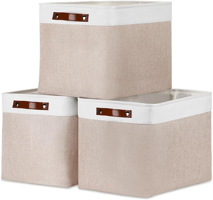 DULLEMELO Fabric Storage Bins, Lining Fabric Baskets For Gifts, Large Storage Baskets for Toys Books Clothes Storage, Foldable Storage Basket for Office Home Shelves Closets Organizing(White&Khaki)-DeskLoop Office