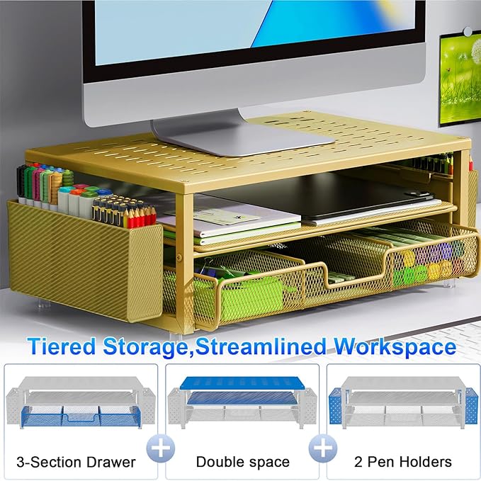 gianotter Desk Organizers and Accessories, Monitor Stand with Drawer and 2 Pen Holder, Desktop Organizer Suitable for Offices and Dormitories (Gold)-DeskLoop Office