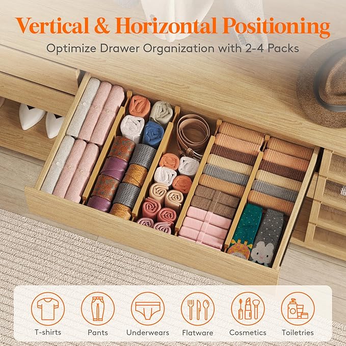 Lifewit 4 Pack Drawer Dividers Bamboo 4" High, 16-22" Adjustable Drawer Organizers for Clothes, Expandable Dresser Separators in Bedroom/Bathroom/Kitchen/Fridge/Office Organization and Storage-DeskLoop Office