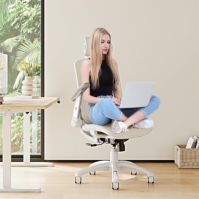 GABRYLLY Ergonomic Office Chair, High Back Home Desk Chair with Headrest, Flip-Up Arms, 90-120° Tilt Lock and Wide Cushion, 400LBS Mesh Chairs for Man Woman, White Task Chair(Beige,GY01WBG)-DeskLoop Office