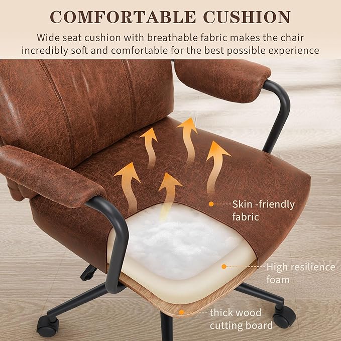 Mid Century Office Chair, Ergonomic Modern Breathable Fabric Home Desk Chair with Lumbar Support, Adjustable Height Swivel Computer Chair for Home Office (Brown)-DeskLoop Office