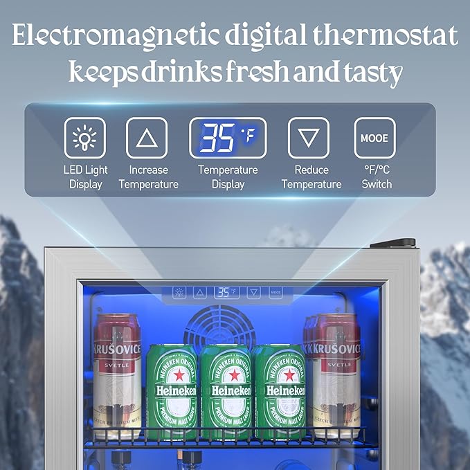 Beverage Refrigerator and Cooler, Freestanding Drink Dispenser for Soda Beer or Wine,90 Can Mini Fridge with Glass Door,Digital Temperature Control,Home, Bar, Office (Silver, 2.48 Cu.Ft)-DeskLoop Office