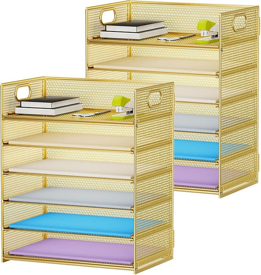 Marbrasse 2 Pack Desk Organizer with Handle, 6 Tier Paper Letter Tray, Mesh Desk File Organizer for Office, School and Home - Gold-DeskLoop Office